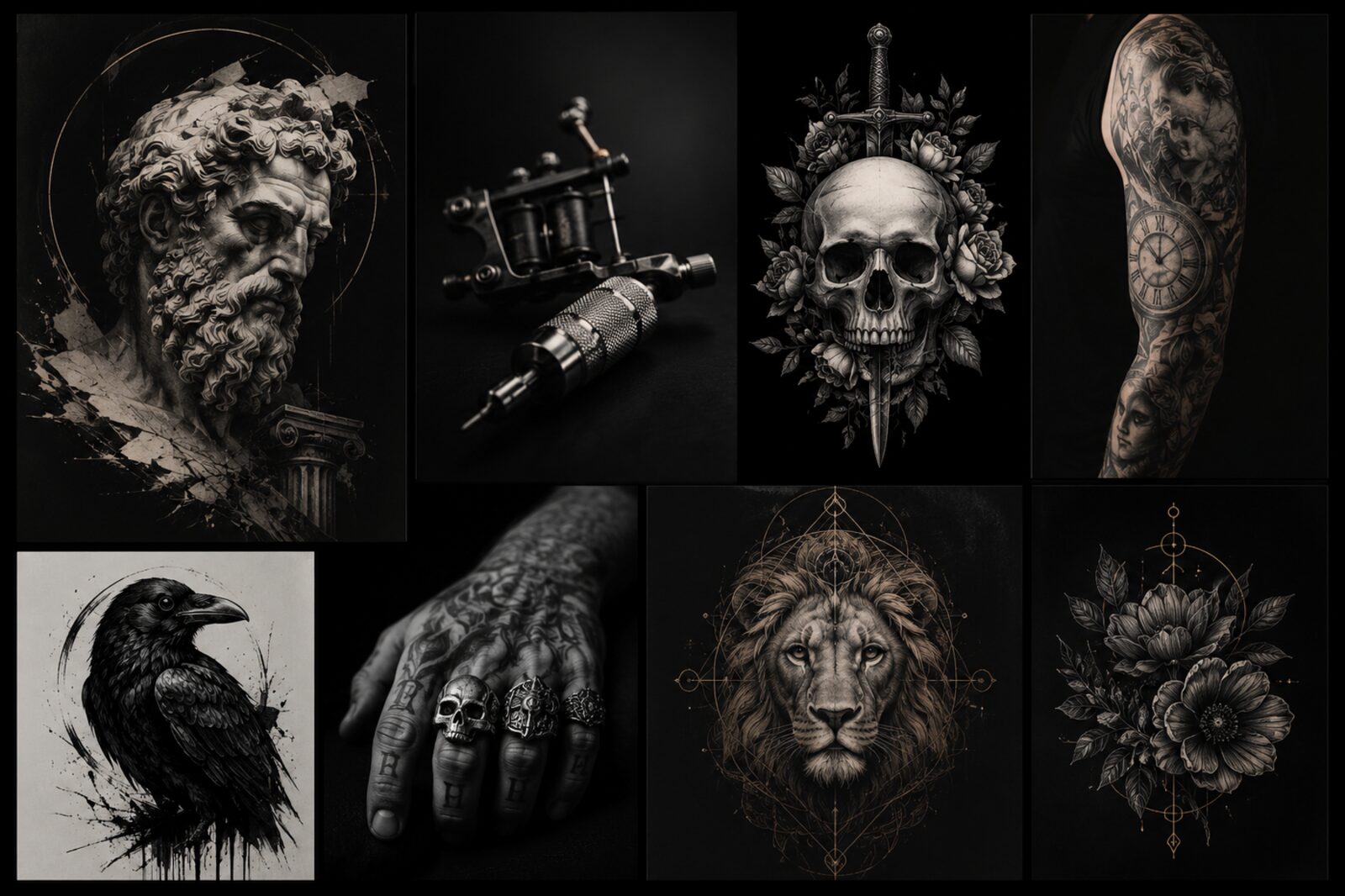 Collection of black and grey tattoo artwork showing portraits, skulls and florals