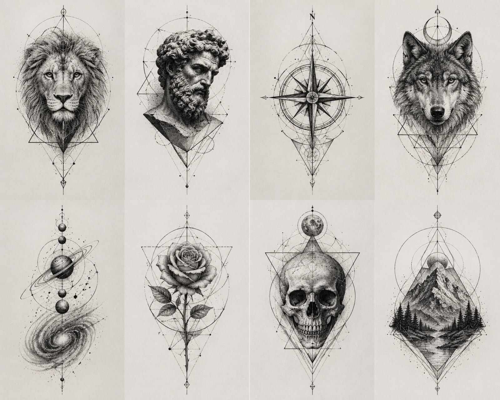 Geometric and fine line tattoo designs including compass rose and wolf