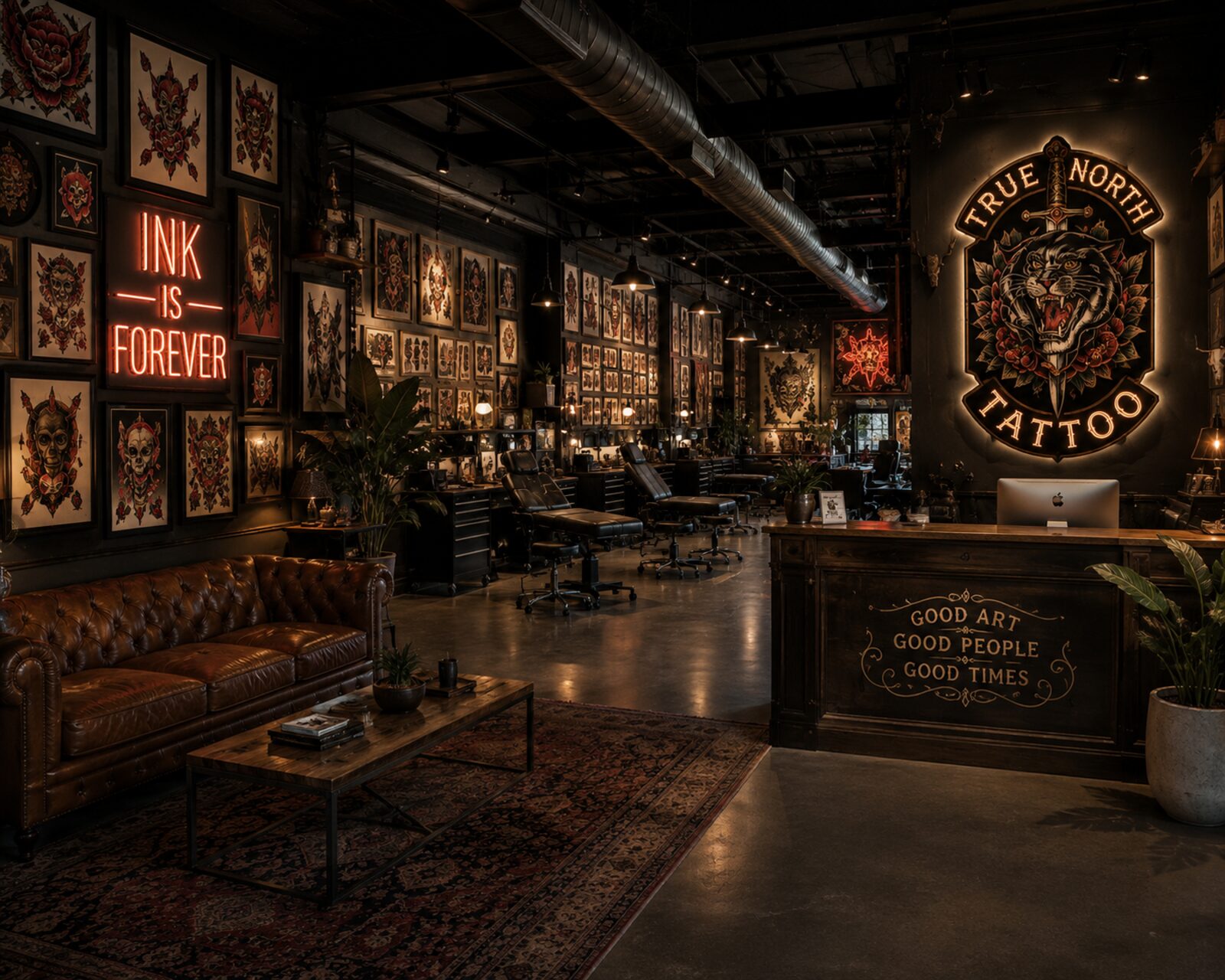 Ink and Iron tattoo studio interior with framed artwork and leather seating