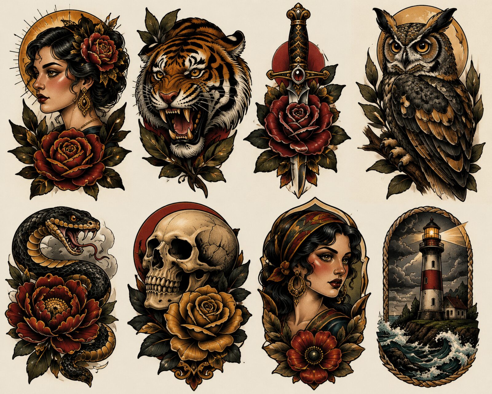 Traditional tattoo flash sheet with tiger, woman, snake and rose designs